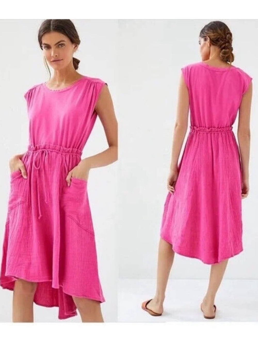 Pink Sleeveless Midi Dress with Drawstring Waist